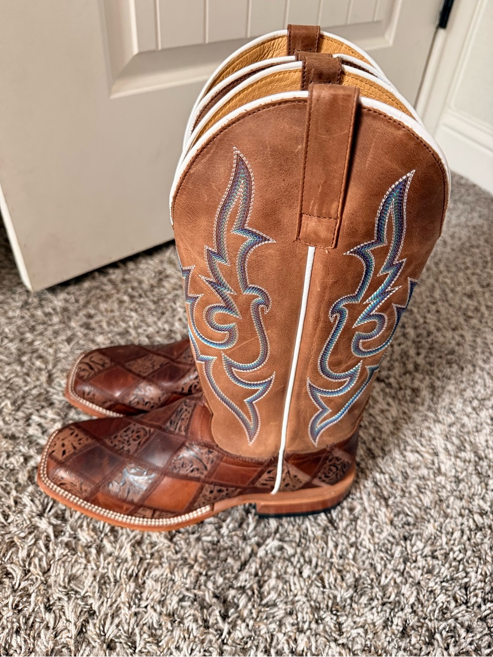Anderson Bean Brown Leather Cowboy Boots with Blue Stitching